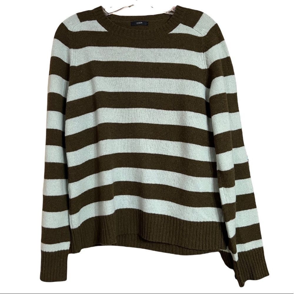 J Crew Light Blue Olive Green Stripe Wool Sweater Sz M